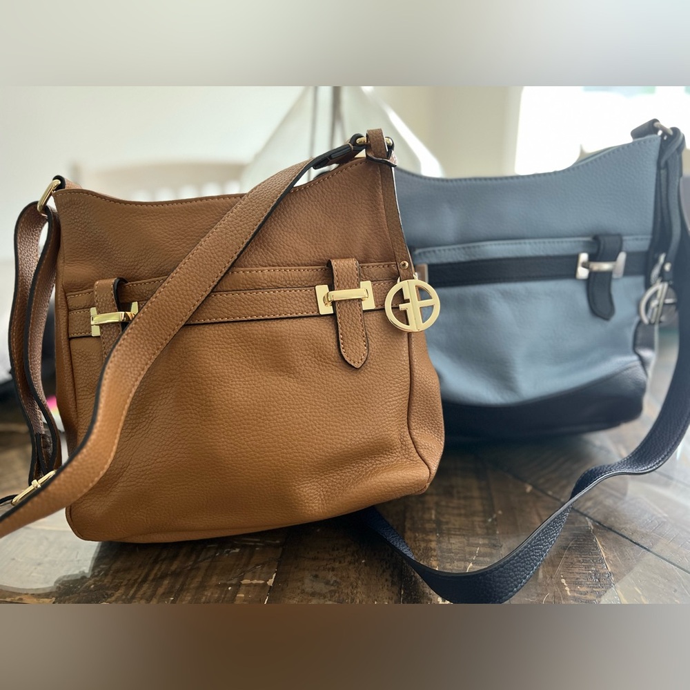 Brown Leather Shoulder Bag and Blue Shoulder Bag